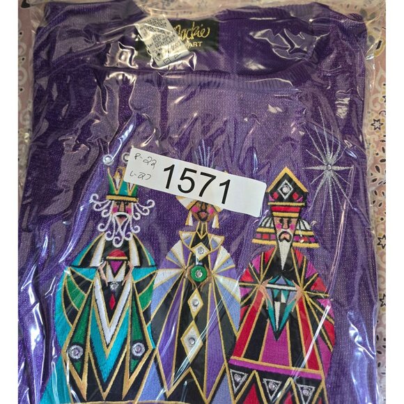 Bob Mackie Wearable Art Purple Sweater With Geometric Designs & Metallic Thread - Picture 9 of 9